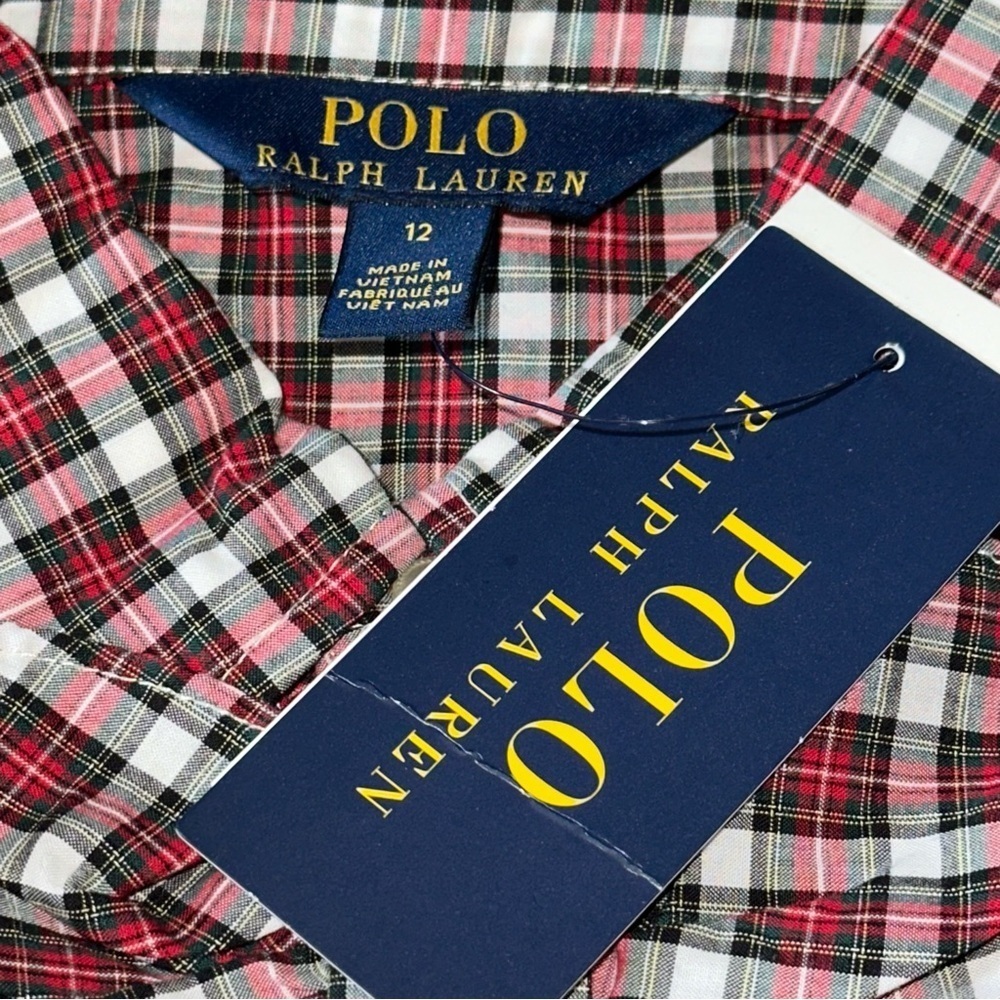 Polo Ralph Lauren 12 Red Green Plaid Long Sleeve Ruffle Front Button Down Shirt - Picture 2 of 4
